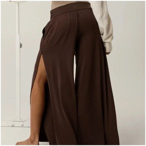 Papaya women's solid chocolate brown High Rise wide leg side split pants Small - Picture 1 of 5